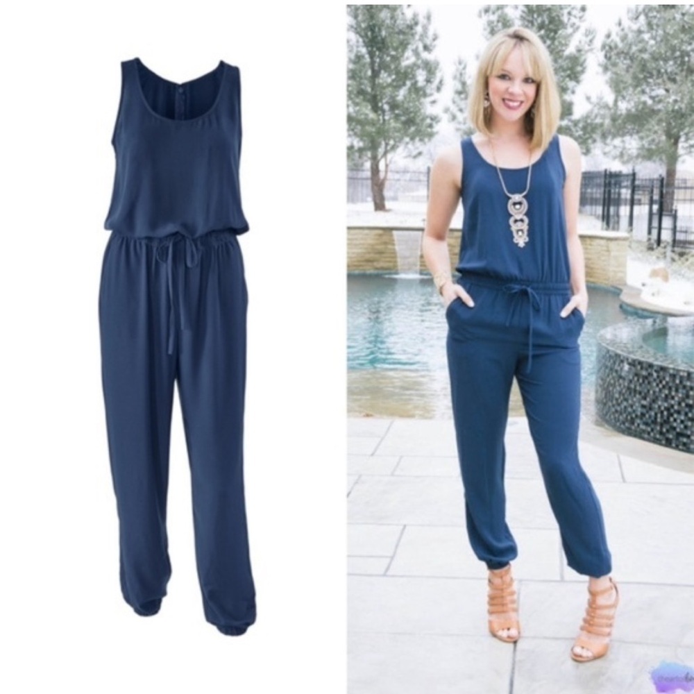 CAbi Navy Elastic Waist Sleeveless Jumpsuit